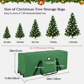 FAMIROSA Rolling Christmas Tree Storage Bag 7.5 ft, Xmas Artificial Tree Storage Bags with 3 Swivel Wheels, 600D Oxford Fabric Storage Box with Reinforced Handle for Disassembled Tree, Green