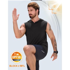 Cotrasen Men's Hooded Tank Top UPF 50+ Sleeveless Hoodies Lightweight Casual Gym Workout Shirts Cooling Muscle Cut Off Tee Shirt Black L