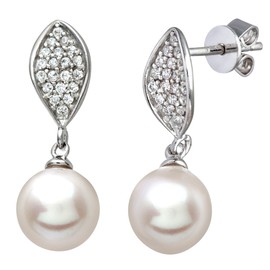 Citerna Sterling Silver with CZ Filled Leaf and Freshwater Pearl Drop Earrings of 2 cm