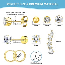 Nunpag 24 Pcs Ear Piercing Kit Ear Disposable Piercing Gun Kit Includes 6 Pcs Self Piercing Gun 12 Pcs Cubic Zirconia Earrings Stud Hoop Earrings 6 Alcohol Pads Easy to Use Ear Piercer Kit Tool, Gold