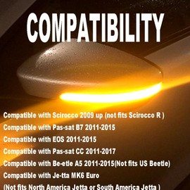 QKLsudua 2pcs Dynamic Sequential Blink Compatible with VW Pas-sat CC B7 Be-etle Sciro-cco Jet-ta MK6 LED Side Mirror Turn Signal Light Assembly