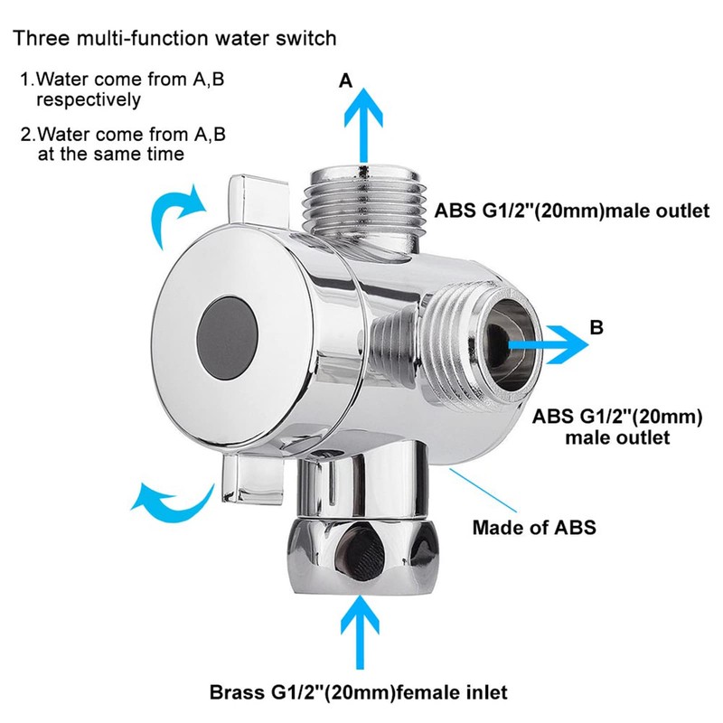 G1/2'' 3-Way T-Adapter Diverter Valve, Adjustable Shower Head Arm Mounted,