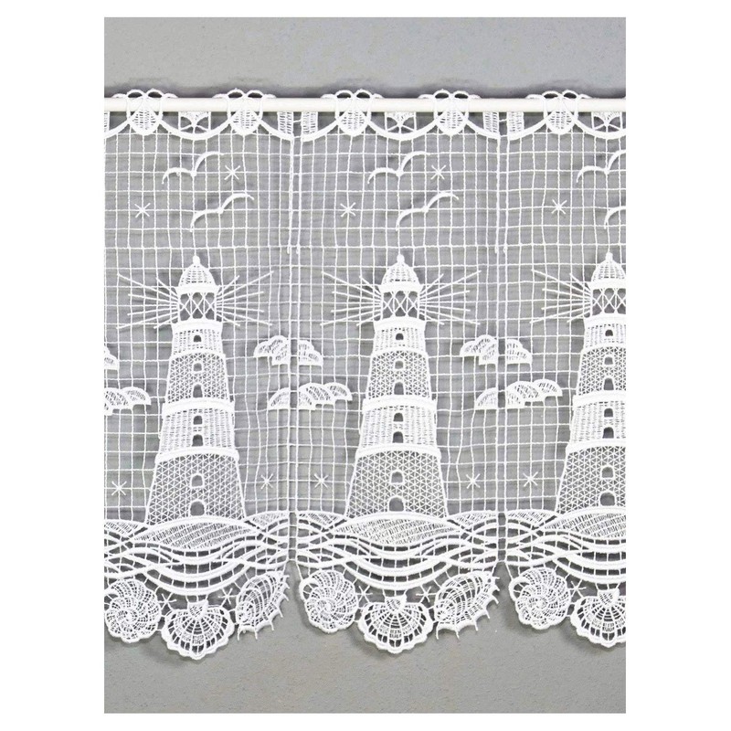 Maritime White Lace Curtain Lighthouse Made of Plauen Lace Panel