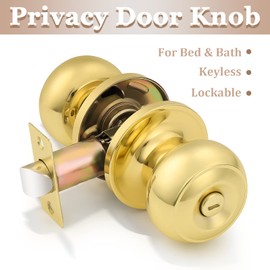 Probrico Privacy Door Knobs Lock Interior Bedroom Bathroom Door Handle Polished Brass Round Ball Keyless Lockset 2 Pack