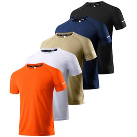 5 Pack Workout Shirts for Men - Activewear Tops Gym Shirts Dry Fit Mesh Moisture Wicking Running Fitness Short Sleeve Crewneck Sports Athletic T-Shirts 5P03-L
