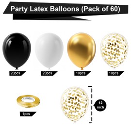 Bezente Black and Gold Confetti Balloons,60pcs 12 inch Black White and Gold Metallic Latex Party Balloons Set with Gold Ribbon for Birthday,Wedding,Baby Shower,Gold Theme Party Graduation Decorations