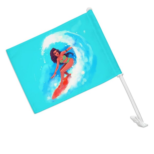 Surfer Girl Surfing On Wave With Surfboard Car Truck Flag