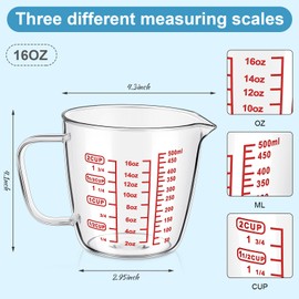 Baderke Left Handed Glass Measuring Cup 2 Cup Clear 16 oz Measuring Beaker with Handle and V Shaped Spout 500 ml for Kitchen, Restaurant, Liquid, Easy to Read, Red Measurements