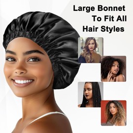 FOLAI 1 x Satin Night Cap Sleep Cap Reversible Double Layer Braids with Elastic Band Adjustable Non-Slip Super Soft Black, black