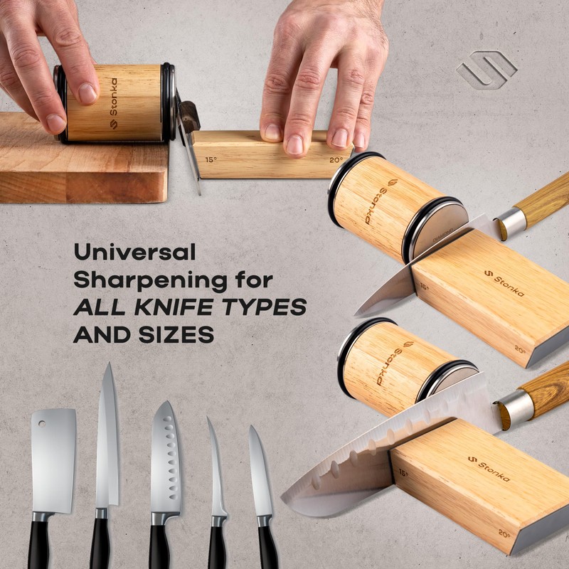 Stonka Oak Rolling Knife Sharpener Kit – Dual-Grit Diamond Wheels