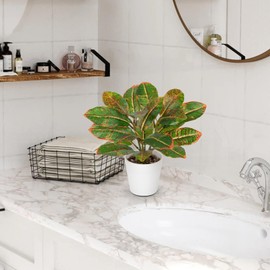 GnFlus Fake Plants Set of 2 Artificial Plants Faux Croton Plant with White Pots Fake Potted Plants Artificial Decor for Farmhouse Room Bathroom Bedroom Kitchen Office Table Desk Green and Red