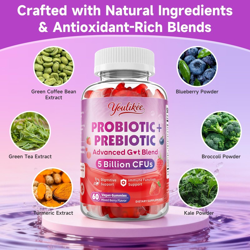 Youlikee 2 Pack Prebiotic + Probiotic Gummies, 5 Billion CFUs