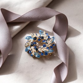 EVER FAITH Austrian Crystal Wedding Flower Wreath Brooch Pin for Women Porm Party Sapphire Blue Gold-Tone