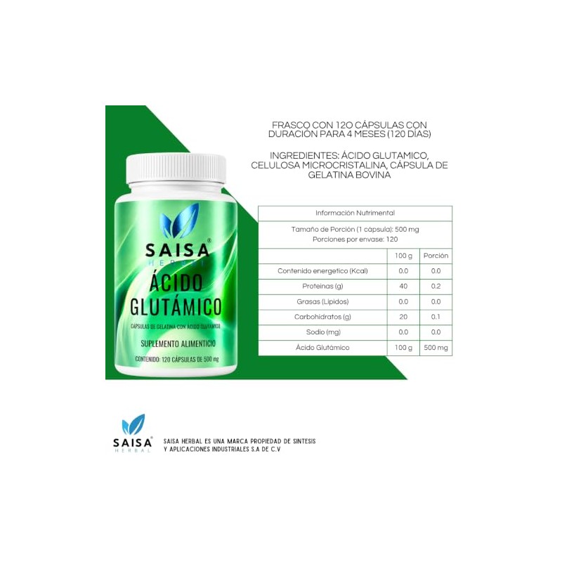 SAISA HERBAL Ácido Glutámico 100% Puro,120 Cápsulas | Suplemento para