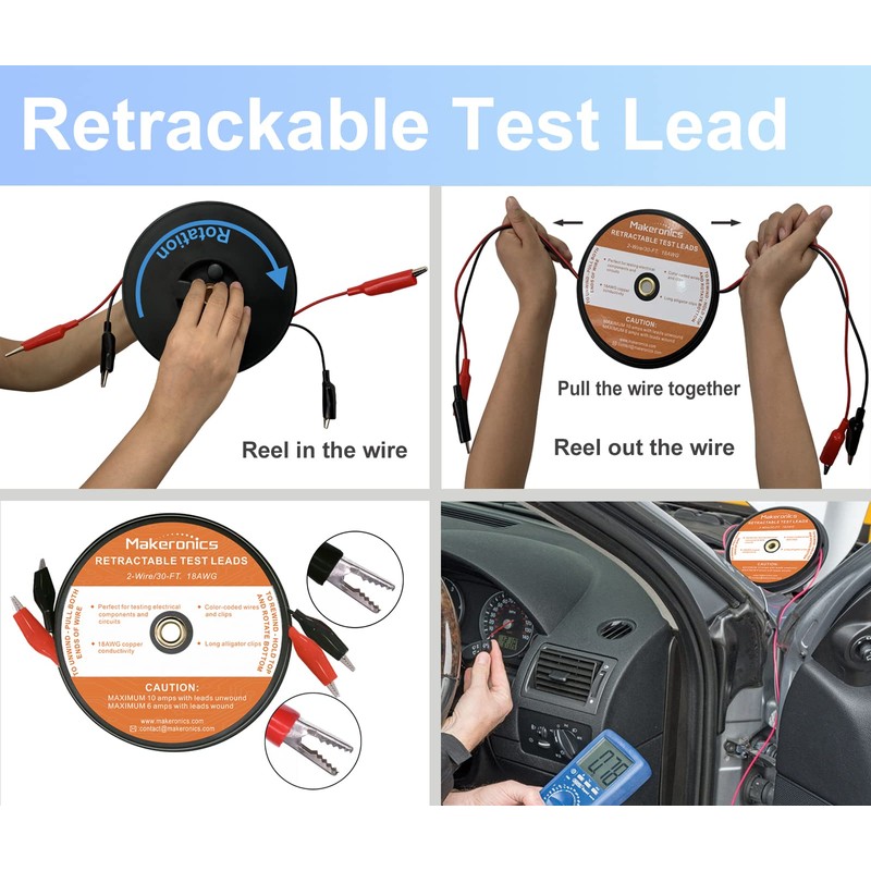 Makeronics 2 Wires 30FT 18AWG Retractable Test Leads with Cable