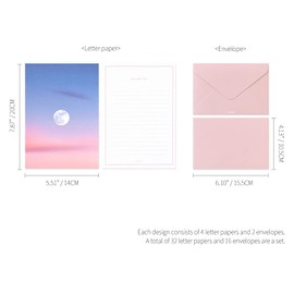 Monolike Photo, Moon Stationery + Envelopes, 8 Types - Photo, Moon Letter Paper Set, 32 Sheets of Stationery Paper + 16 Envelopes