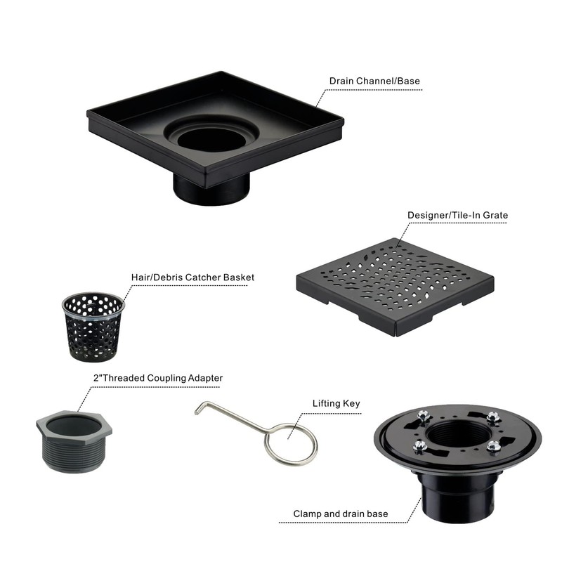Matte Black Shower Drain with Flange, HIDROP SUS 304 Stainless