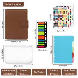 HXRTANGS PU Leather Notebook A5, 6-Ring Binder Journal Refillable Loose Leaf Business Notebook with Pockets/Pen Holder/Accessories, 100gsm Lined Paper 80 Sheets / 160 Pages, Brown