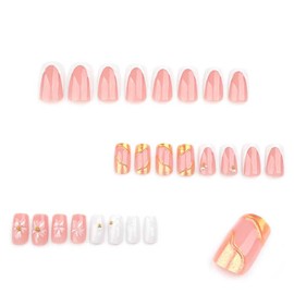 Foccna French Press on Nails Medium Pink Fake Nails Square Bling Gold Line Design Glossy 3D Flower Design False Nail Tips Artificial Nails Finger Manicure for Women 24pcs