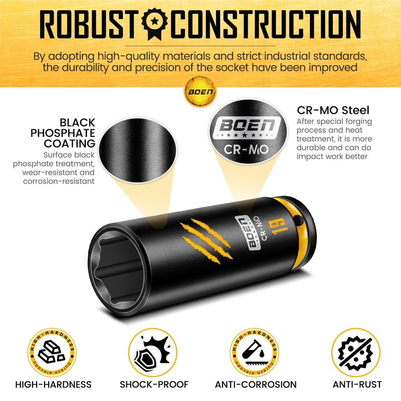 BOEN 7-Piece 1/2" Drive Impact Socket Set, Deep Metric Lug