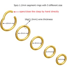 NewkeepsR Steel 5pcs-16G(1.2mm) Gold Anodised Hinged Clicker Nose Ring Hypoallergenic Full Hoops, Implant Grade Clasp Setpum Sleeper Seamless Earrings Helix Piercing-6mm/7mm/8mm/9mm/10mm