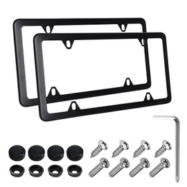 CHRYMUM 2PCS Matte Black License Plate Frames, Stainless Steel License Plate Holder, Car License Plate Cover with Screw Caps, Universal Car License Plate Frame for Front and Rear Car Tags