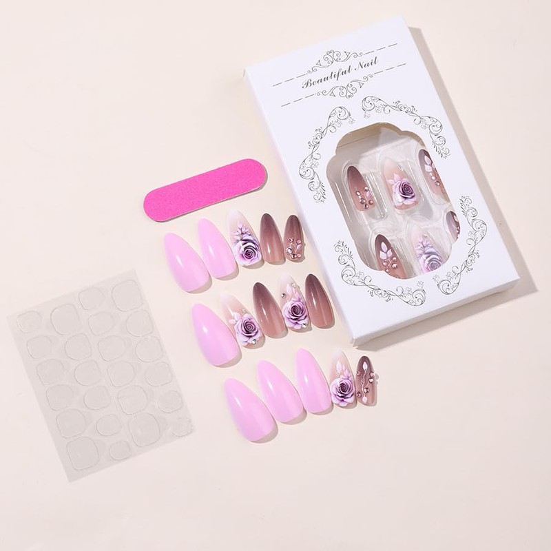 Flower Press on Nails Almond Fake Nails Purple False Nails