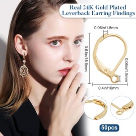 Beebeecraft 50Pcs/Box Leverback Earring Findings 24K Gold Plated Stainless Steel French Earring Hooks 15.5x10x1.5mm Interchangeable Dangle Ear Wire Findings for Jewelry Making