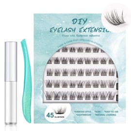 SISILILY Individual Lashes 45 Cluster Lashes C Curl DIY Eyelash Extension Kit at Home Reusable 3D False Eyelashes Natural with Eyelash Glue and Tweezer 10/12/14/15/16mm Length (DM04)