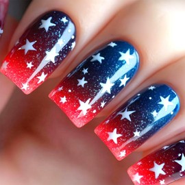 Independence Day False Nails 4th of July Medium Press on Nails Star Coffin Acrylic Stick on Nail Glossy Gradient Full Cover Fake Nail Reusable for Women 24Pcs
