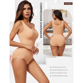 Huvgim Shapewear Bodysuits for Women Tummy Control Brief Seamless Waist Trainer Round Neck Slimming Tank Tops (Beige Round Neck Bodysuit, XL/2XL)