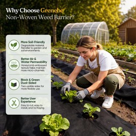 Grenebo Weed Barrier Fabric, 4FT x 100FT, Non-Woven Landscape Fabric, Easy to Cut & Fray-Resistant, Breathable & Permeable, Landscaping Fabric with 30 Stakes, for Gardens, Flower Beds, Vegetable Plots
