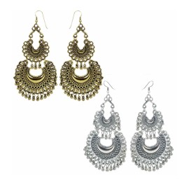Silver 2 Pair Bollywood Ethnic Oxidised Gold Silver Afghani Chandbali Jhumka Earrings
