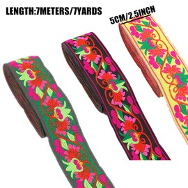 7 Yard 2" Tulip Floral Embroidered Jacquard Ribbon Vintage Woven Trim Fabric Tapestry for Home Decor Embellishment (Green)
