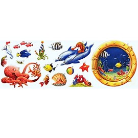 CONCORD WALLCOVERINGS ™ Kids Wall Stickers Sea World Fish Octopus Dolphins Design for Play Room Bedroom, Blue Green Yellow, KZ1072C