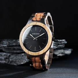 BOBO BIRD Men's Retro Zebra Wooden Watch, Large Size Quartz Watch with Black Face Wristwatch Best Gift