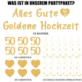 Goldene Hochzeit Deko Girlande Set - 50 Hochzeitstag Dekoration Banner und Hängende Wirbel Zahl 50, Gold Spiralen Hängedeko Garland für 50. Jubiläum Partydeko