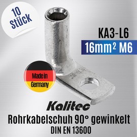 Pack of 10 Kalitec KA3-L6 Standard Pipe Cable Lugs Angled 16 mm² M6 I without Viewing Hole I 90° I Made in Germany
