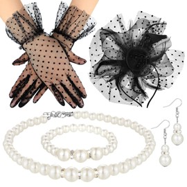 Bencailor Fascinator Hat for Women Funeral Veil Hats Set Include Mesh Hats Lace Gloves Necklace Earring for Tea Party(Polka Dot Style)