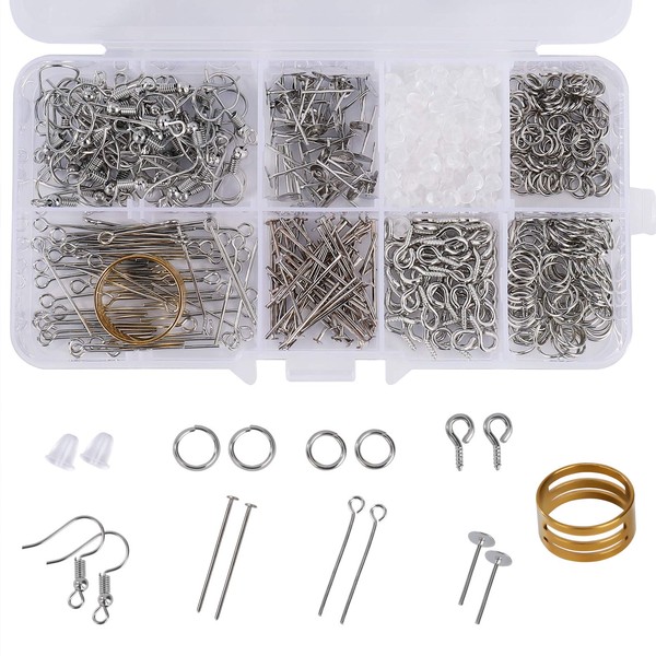Jewelry Making Supplies Kit, Earring Repairing Set with Earrings Hooks, Earring Backs, Earring Posts, Jump Rings, Screw Eye Pins, Head Pins for DIY Beginners Adults Crafters (650pcs)