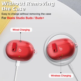 CameCosy for Beats Studio Buds/Studio Buds + Case, Sliver Secure Lock Clip Design with Pearl Bracelet Keychain, Soft TPU Bumper Shockproof Cover for Beat Studio Buds Plus -Clear Red