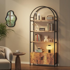 Saudism Arched Bookshelf with Doors, 71" Tall Industrial Bookcase with Sturdy Metal Frame, Vintage Display Shelving Unit, Rustic Geometric Book Shelf for Lving Room, Bedroom, Home Office