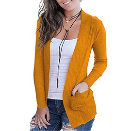 VOIANLIMO Womens Open Front Casual Long Sleeve Knit Lightweight Soft Classic Mustard Cardigans Sweaters with Pockets L