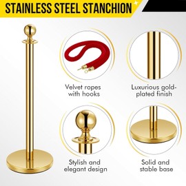3PCS Gold Stanchions and 2 Red Velvet Ropes, Stainless Steel Red Carpet Ropes and Poles, Velvet Rope Barrier Stanchion Post for Party, Museums,Hotels Crowd Control-5ft Red Rope,4 Way Connections