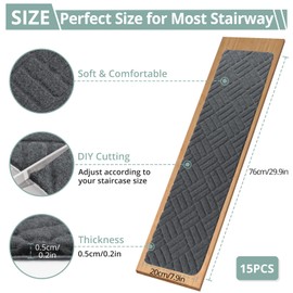 COLFULINE Indoor Non Slip Stair Treads for Wooden Step, 15Pcs Stairs Carpet Treads Indoor with Reusable Adhesive, Resistant Indoor Skid Runner Safety Rugs for Kids, Elder and Pets, 30" L x 8" W