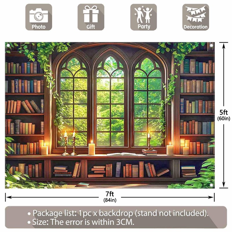 Luminora 7x5ft Retro Library Window Backdrop Rustic Wood Bookshelf Vines