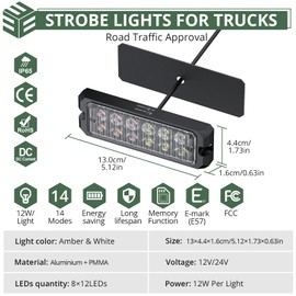 EYPINS 8x12 LED Strobe Light Kit - Surface-Mount Emergency Hazard Warning Strobe Lights for Trucks, Cars 12-24V, IP65 Waterproof Amber/White, 14 Flashing Modes, Memory Function