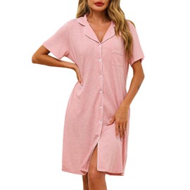 Lovasy Cotton Nightdresses for Women UK Lapel Button Down Nighties for Women Classic Boyfriend Style Nightshirts Soft Ladies Nighty Short Sleeve Night Dress Women UK with Pockets,Pink,XL