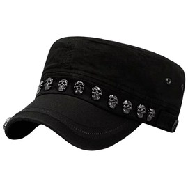 Oversize Cadet Hat Women Hip Hip Punk Rock Rivet Cotton Baseball Caps Big Head Men Army Sun Caps Dad Flat Top Fitted Hats (US, Alpha, One Size, Head 55-58cm, Black 2)