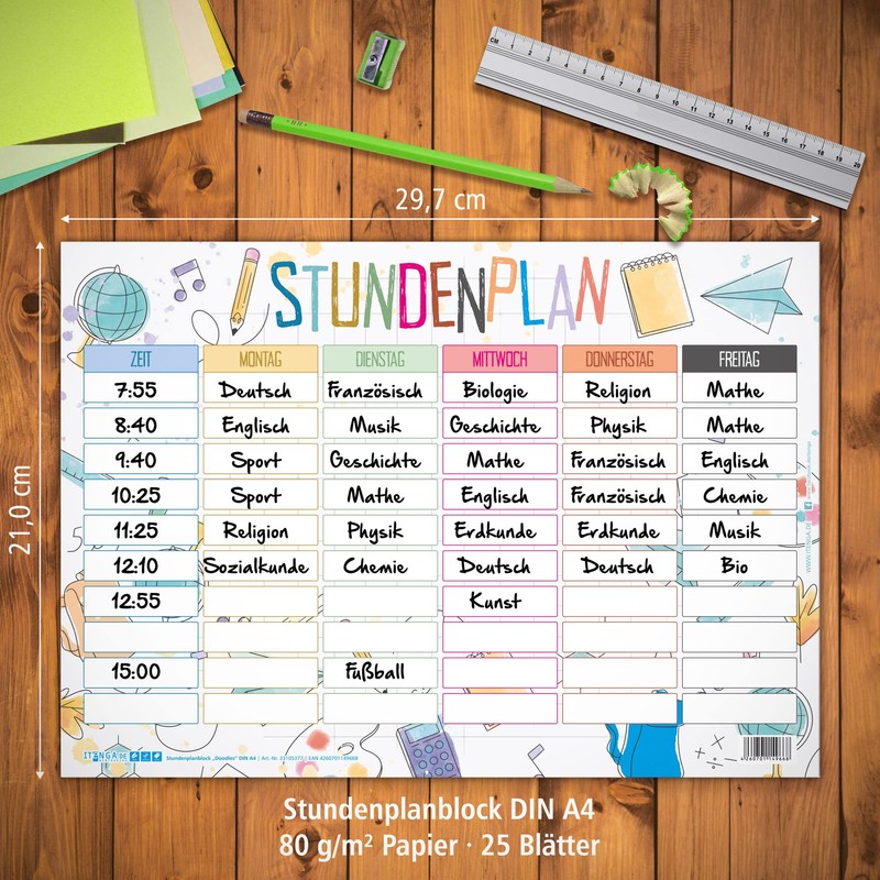 itenga Stundenplan DIN A4 als Block 25 Blatt Stundenplanblock stundenpläne
